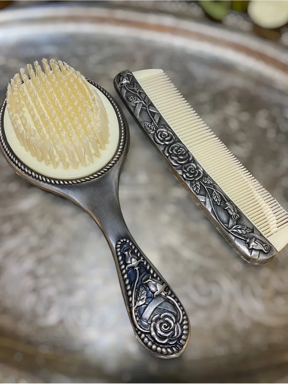Vintage Silver Floral Vanity Set with Brush and Comb